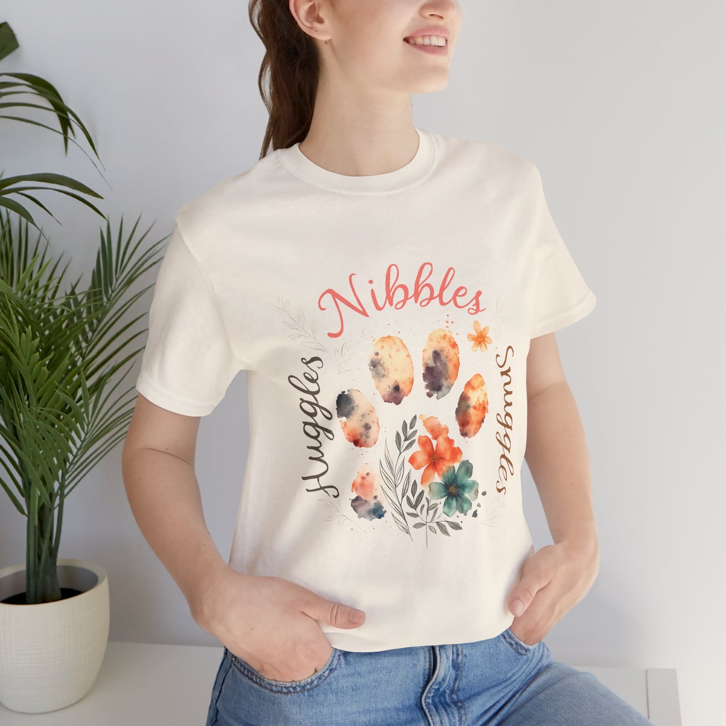Huggles Nibbles Snuggles Watercolor Pawprint Floral Ladies Tee – Artistic Pet Mom Gift
