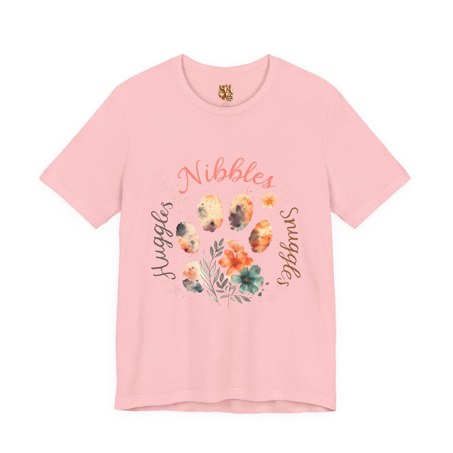 Huggles Nibbles Snuggles Watercolor Pawprint Floral Ladies Tee – Artistic Pet Mom Gift