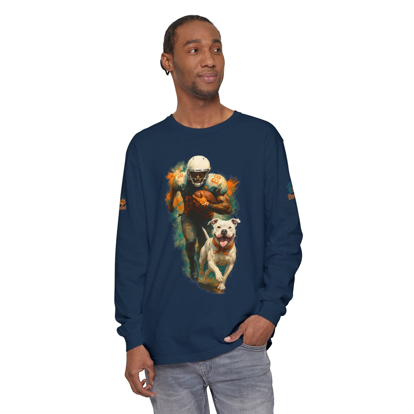 Football Player & Dog Long Sleeve Tee — ‘Rescue’ Paw Print Back Design