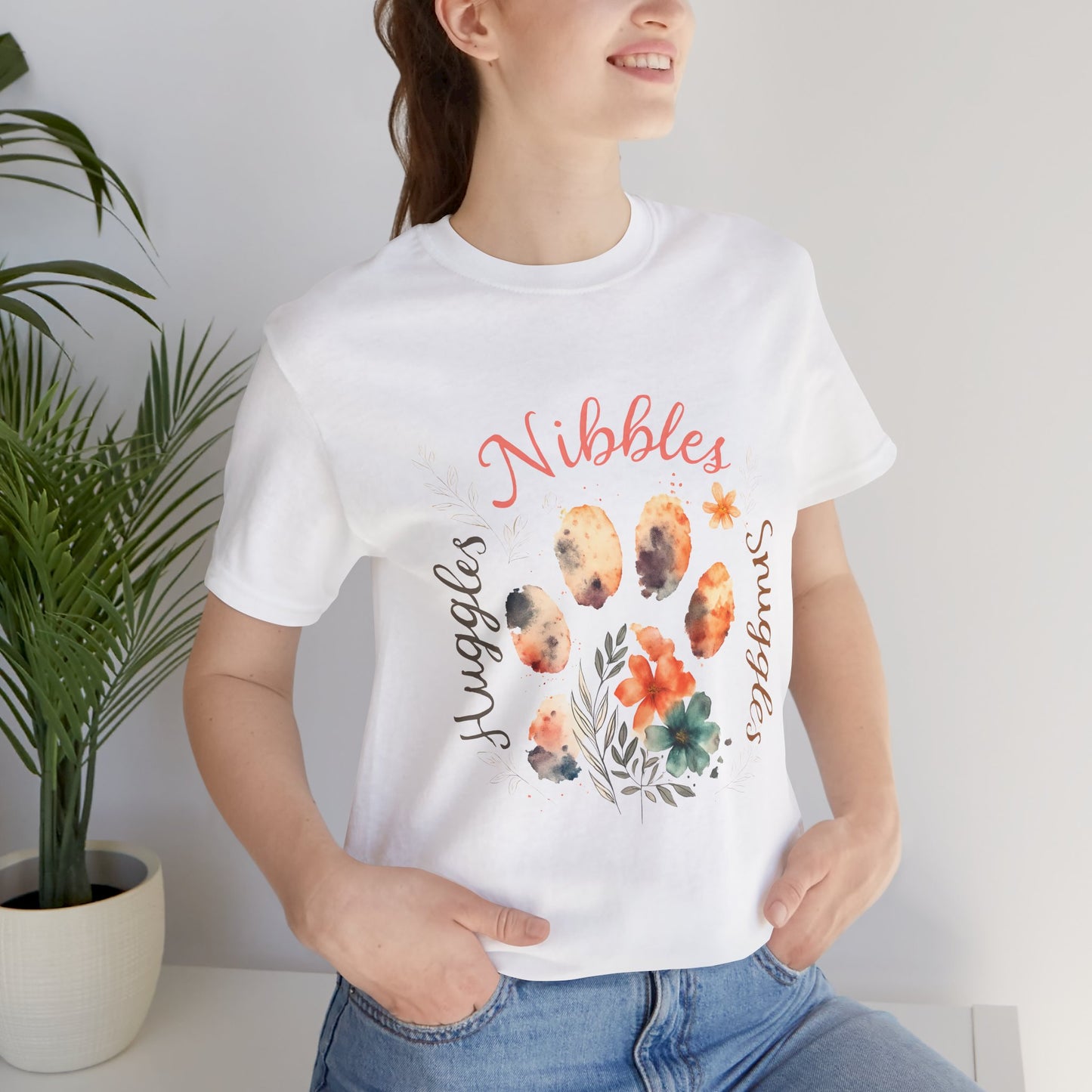 Huggles Nibbles Snuggles Watercolor Pawprint Floral Ladies Tee – Artistic Pet Mom Gift
