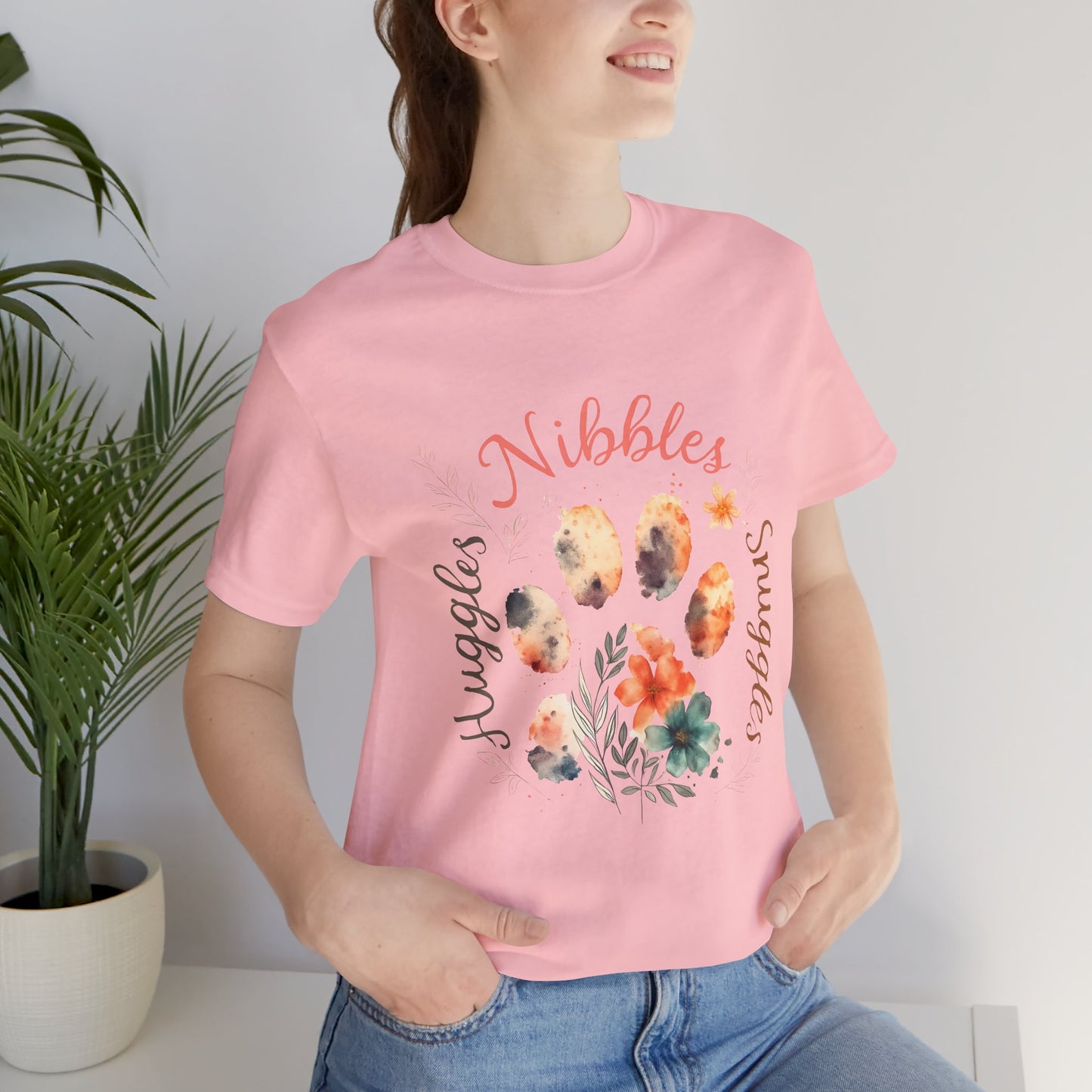 Huggles Nibbles Snuggles Watercolor Pawprint Floral Ladies Tee – Artistic Pet Mom Gift