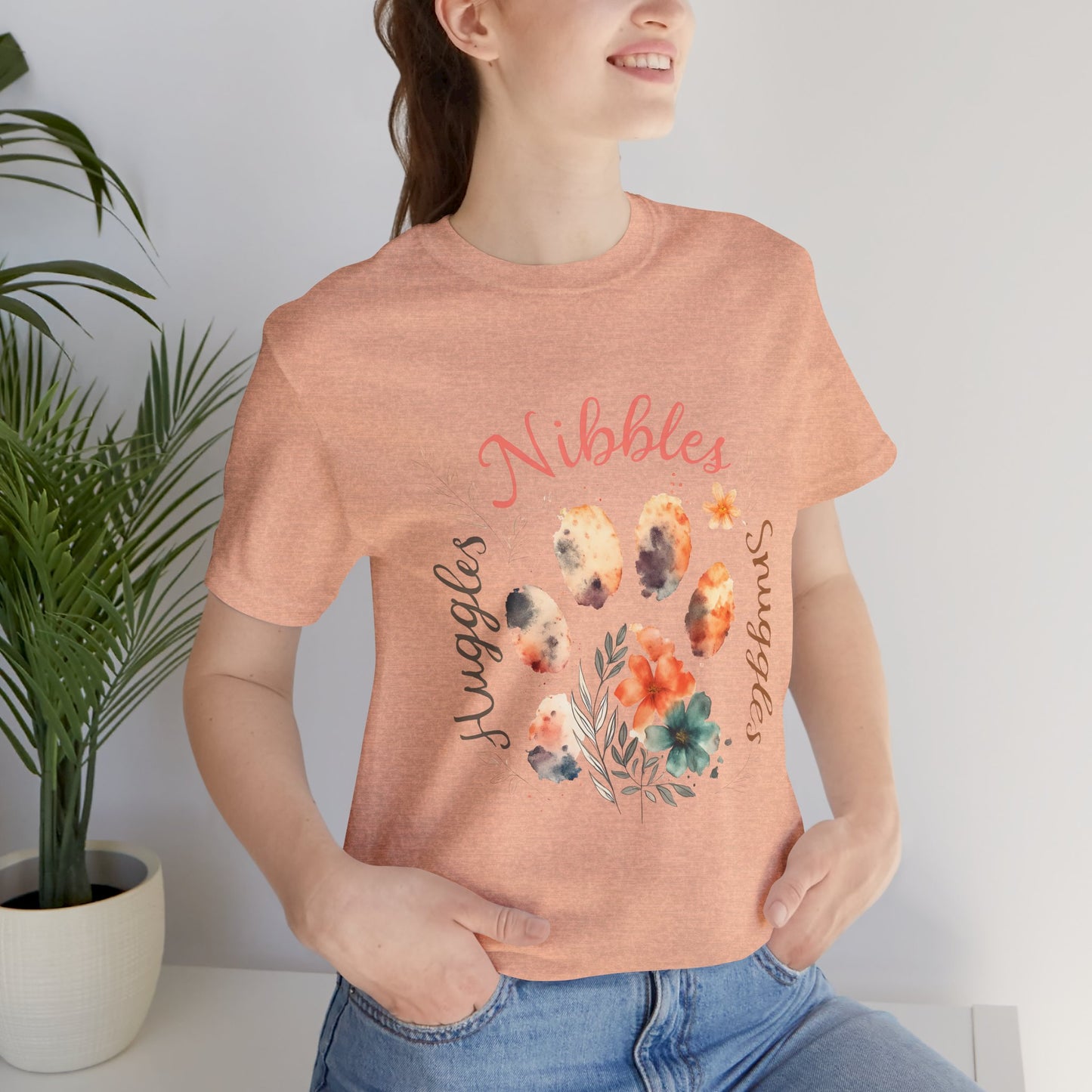 Huggles Nibbles Snuggles Watercolor Pawprint Floral Ladies Tee – Artistic Pet Mom Gift