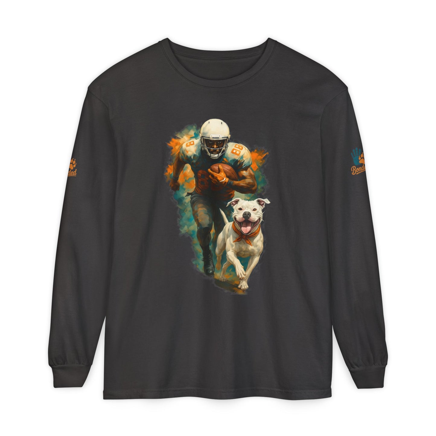 Football Player & Dog Long Sleeve Tee — ‘Rescue’ Paw Print Back Design