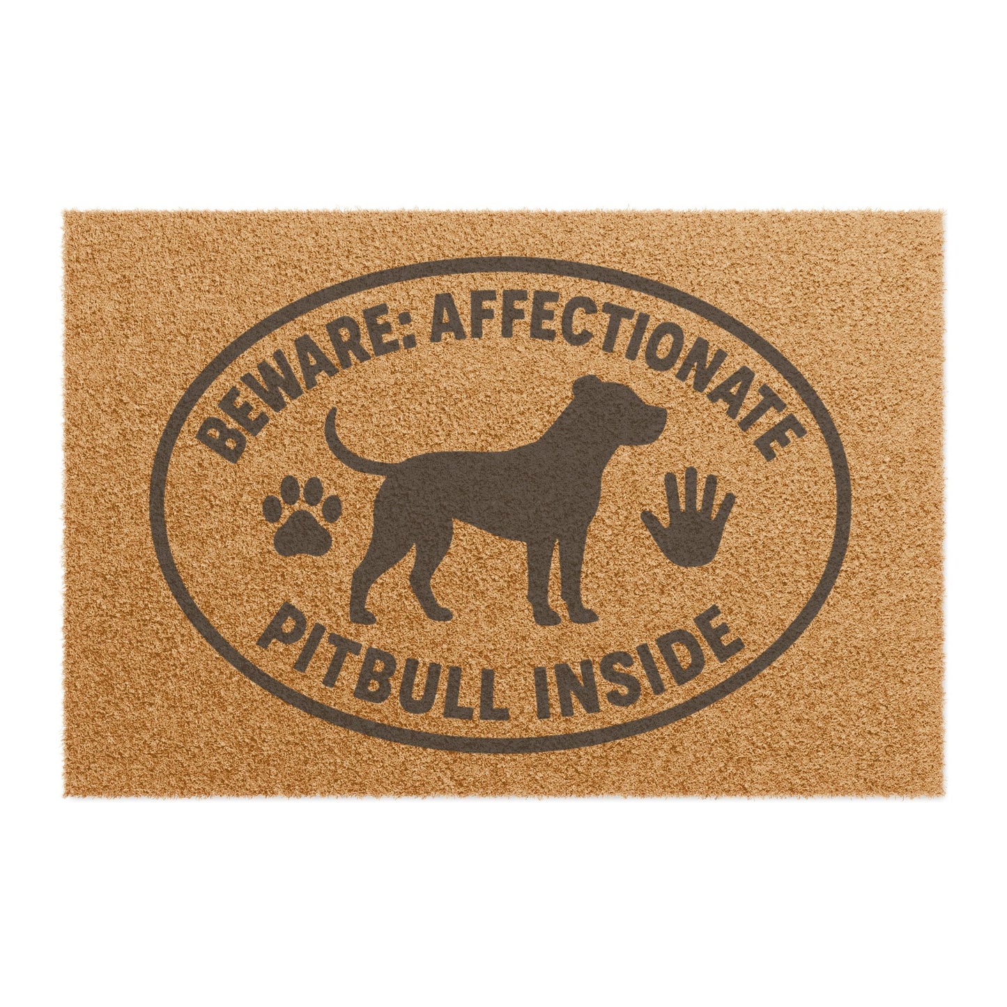 “Beware: Affectionate Pitbull Inside” Badge Doormat – Bonded Hand & Paw Edition