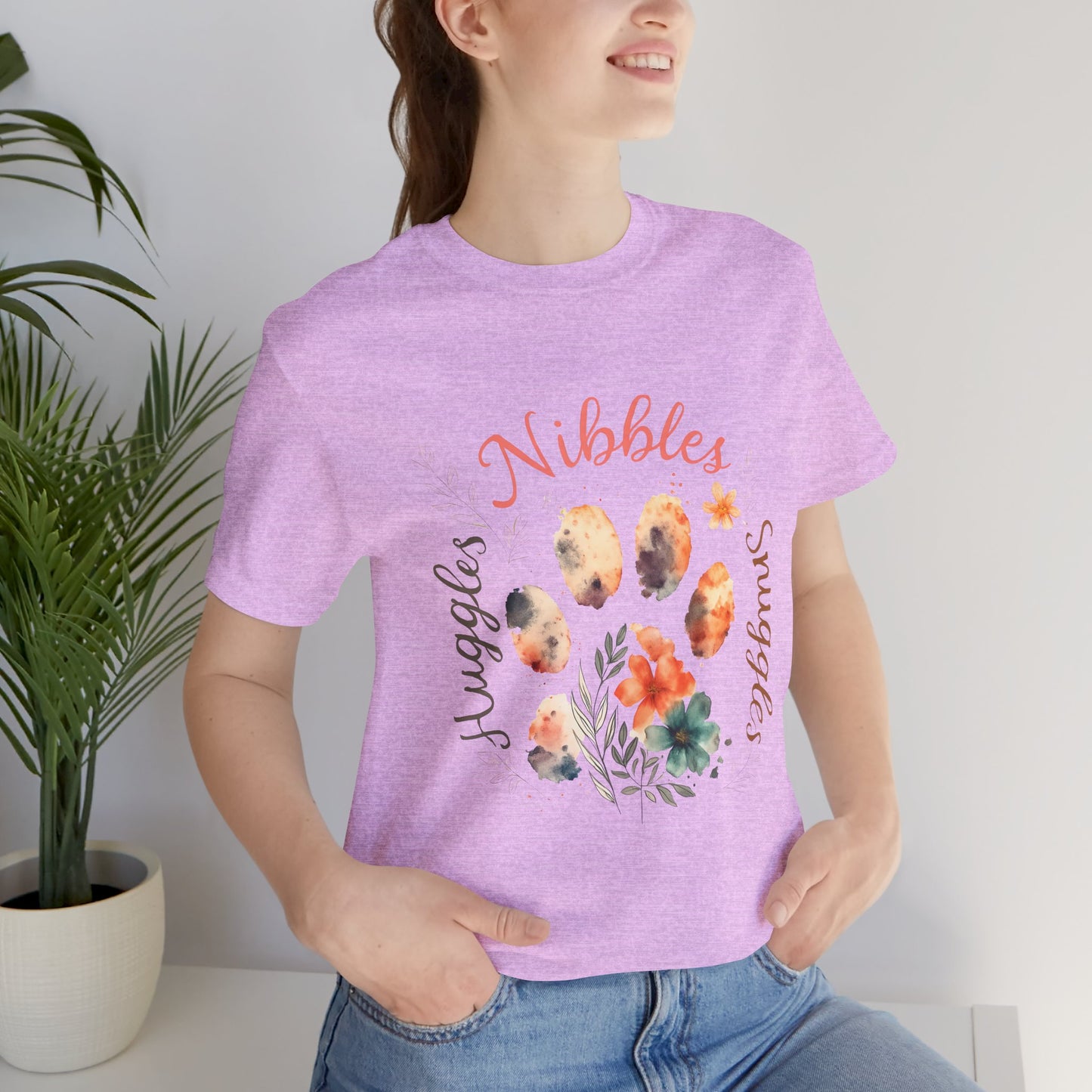 Huggles Nibbles Snuggles Watercolor Pawprint Floral Ladies Tee – Artistic Pet Mom Gift