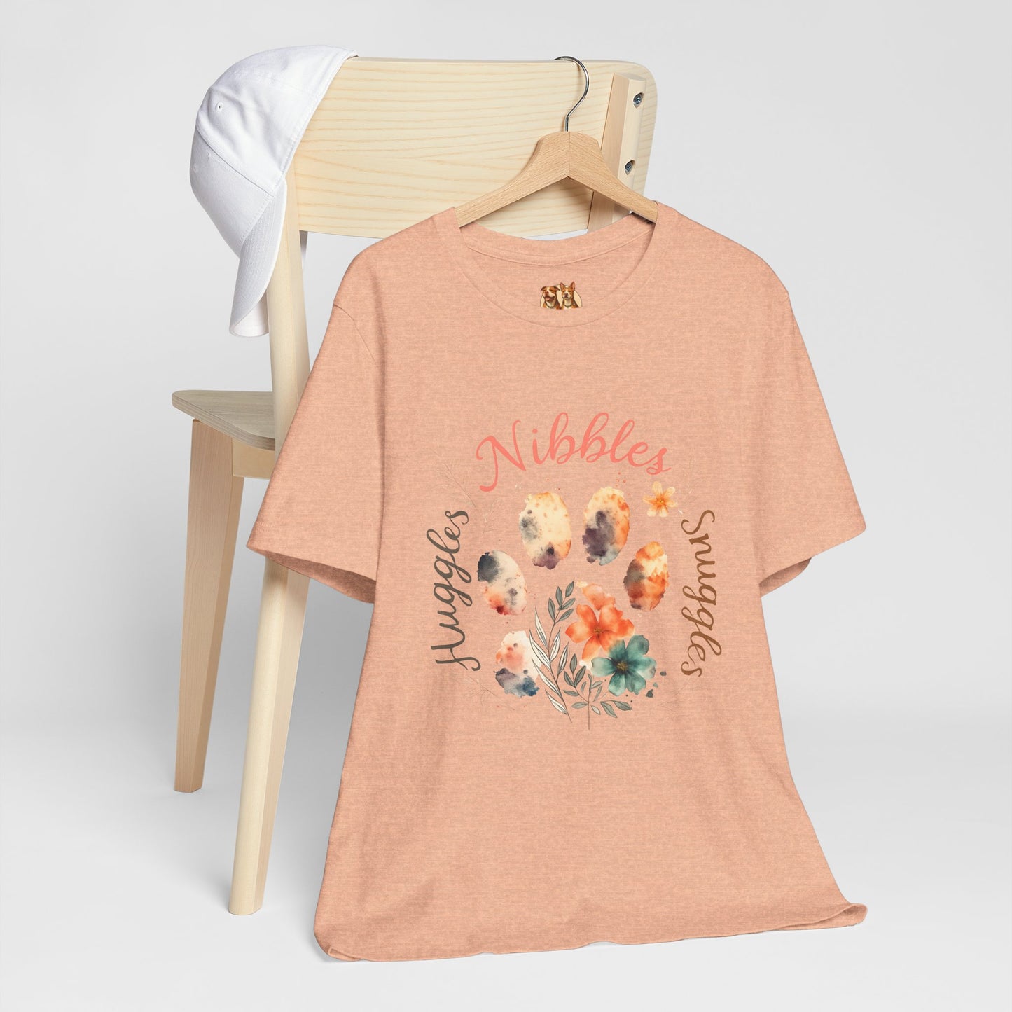 Huggles Nibbles Snuggles Watercolor Pawprint Floral Ladies Tee – Artistic Pet Mom Gift