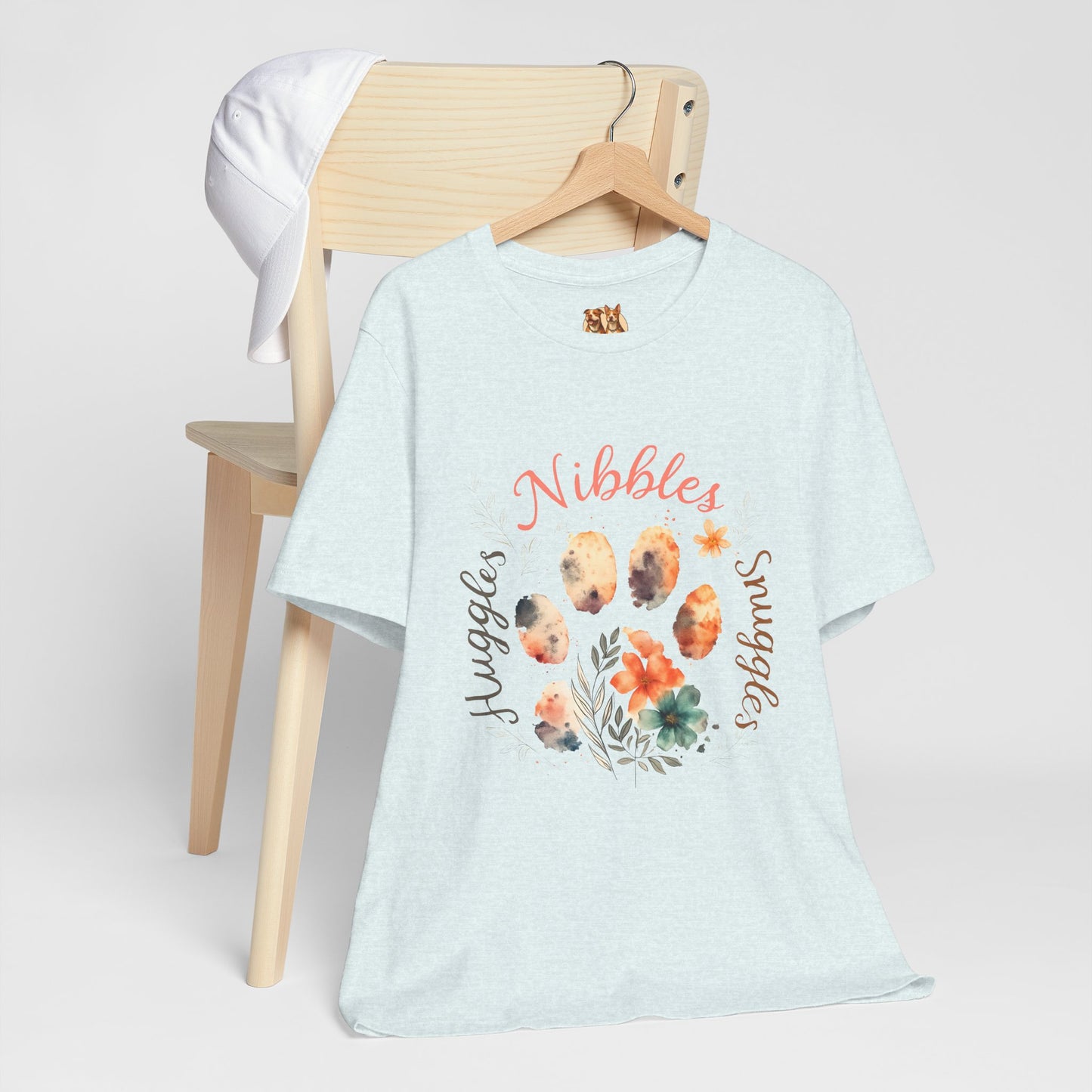 Huggles Nibbles Snuggles Watercolor Pawprint Floral Ladies Tee – Artistic Pet Mom Gift