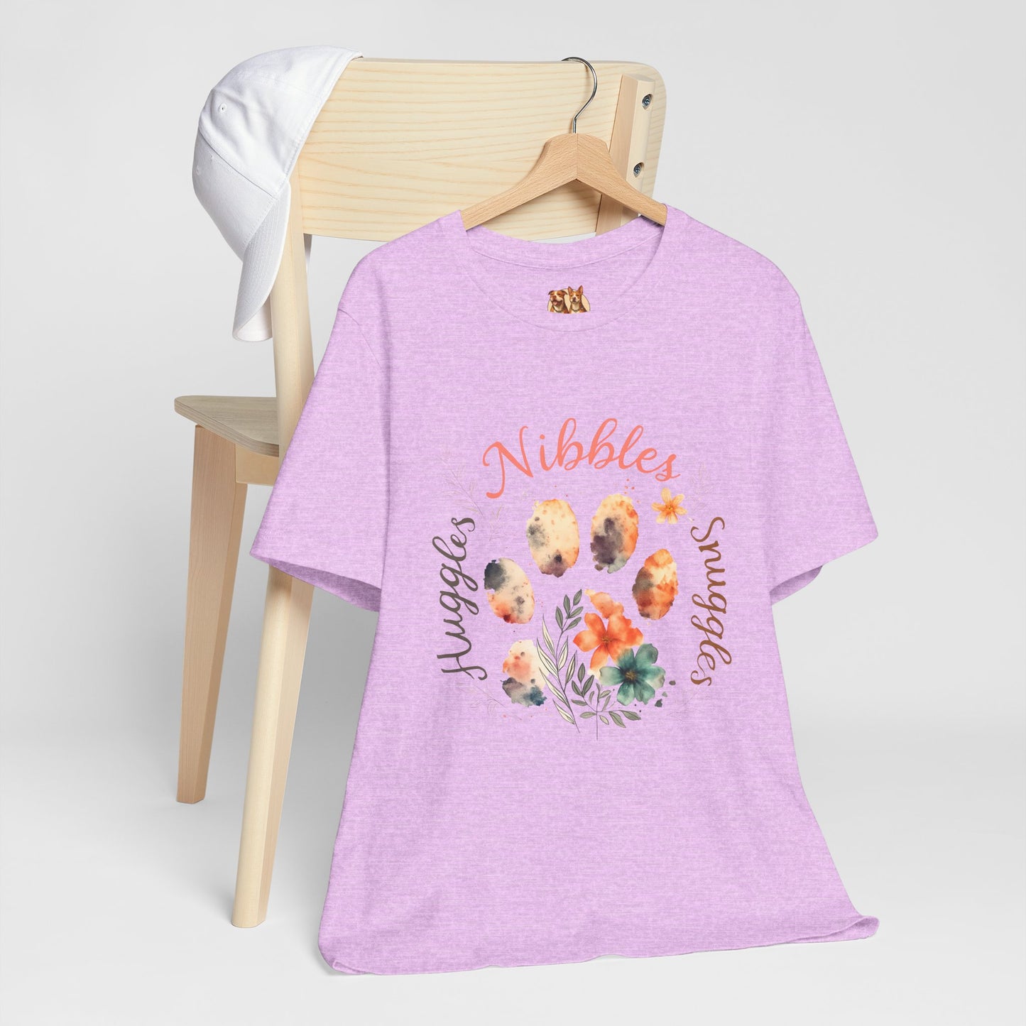 Huggles Nibbles Snuggles Watercolor Pawprint Floral Ladies Tee – Artistic Pet Mom Gift