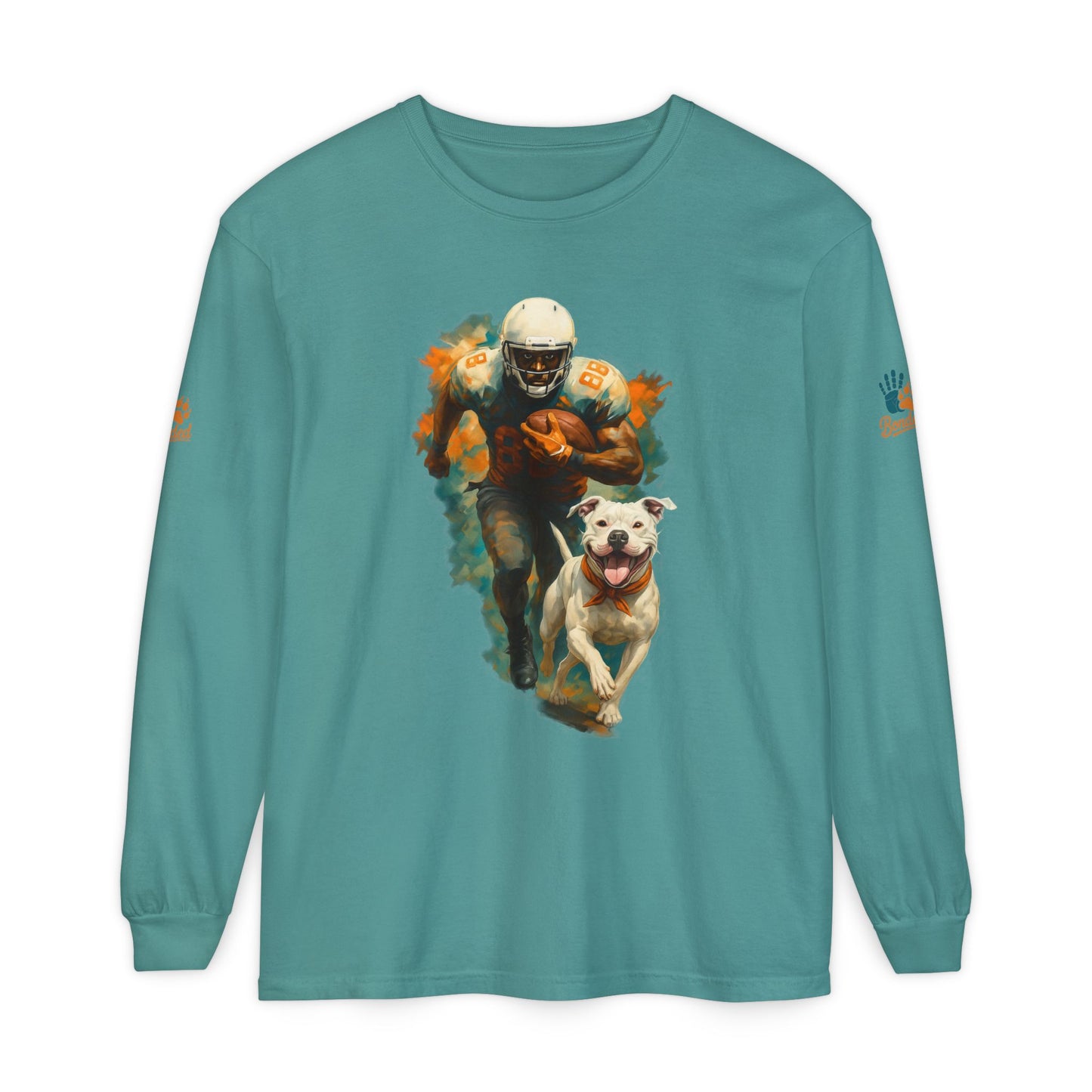 Football Player & Dog Long Sleeve Tee — ‘Rescue’ Paw Print Back Design
