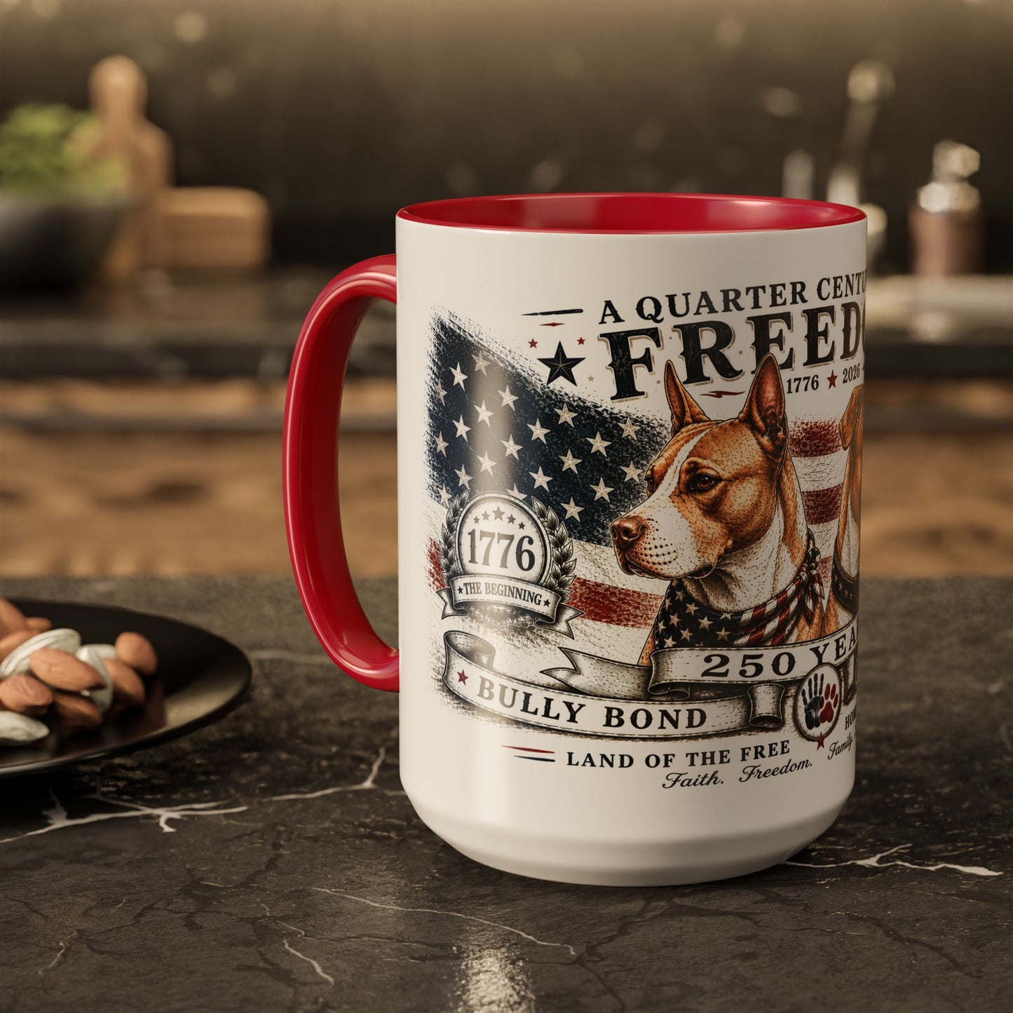 Bully Bond 250 Years of Freedom Patriotic Pitbull Mug | American Independence Day Dog Lover Coffee Cup | USA Heritage Powerbreed Gift