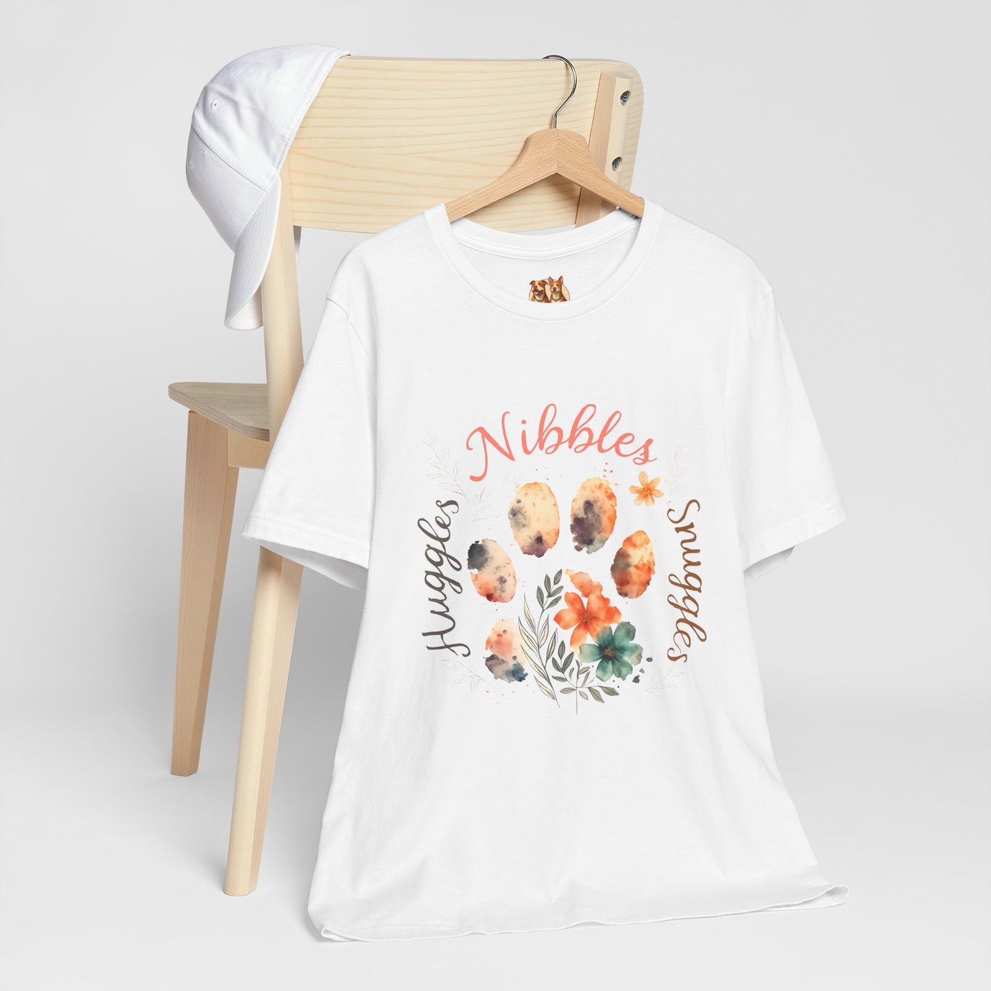 Huggles Nibbles Snuggles Watercolor Pawprint Floral Ladies Tee – Artistic Pet Mom Gift