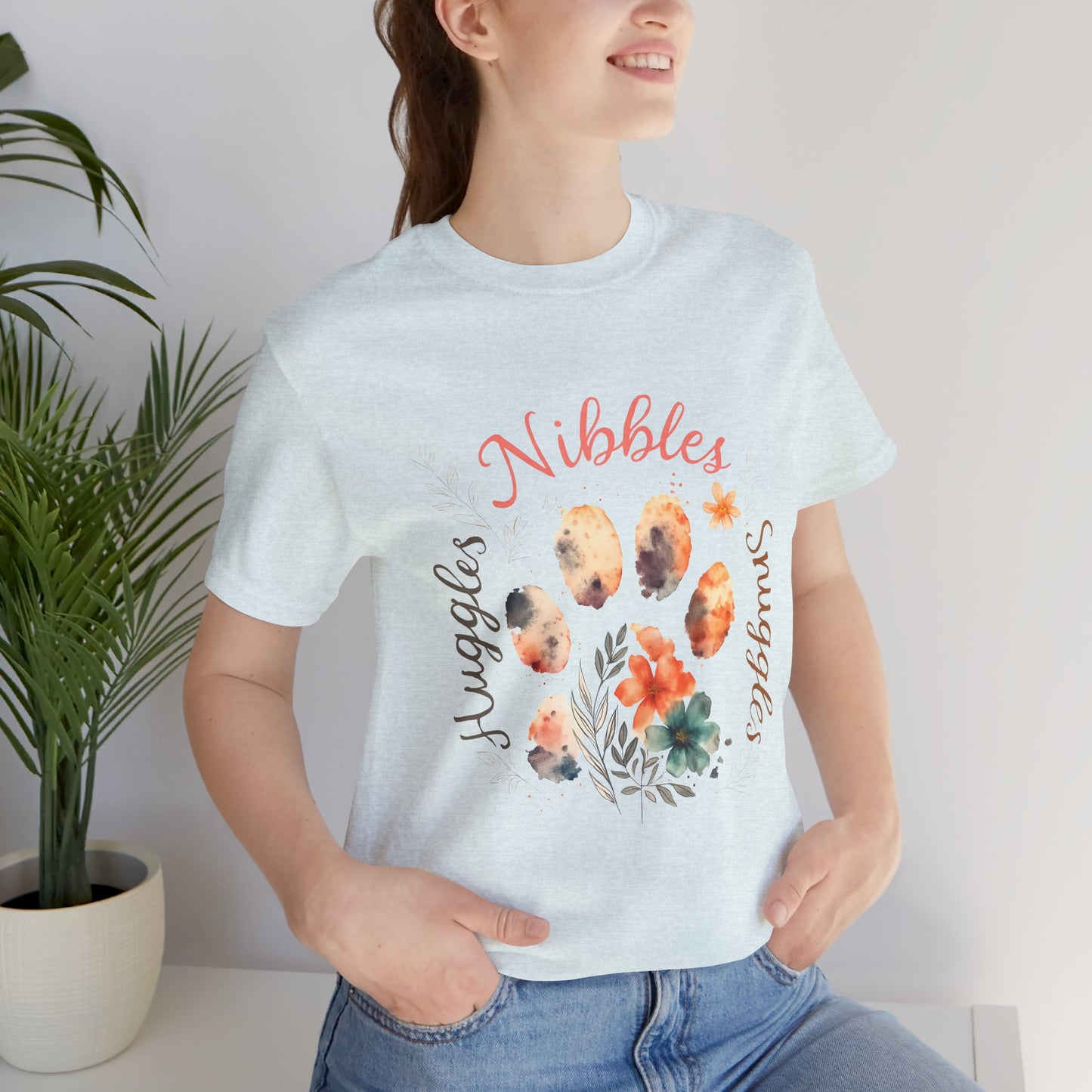 Huggles Nibbles Snuggles Watercolor Pawprint Floral Ladies Tee – Artistic Pet Mom Gift