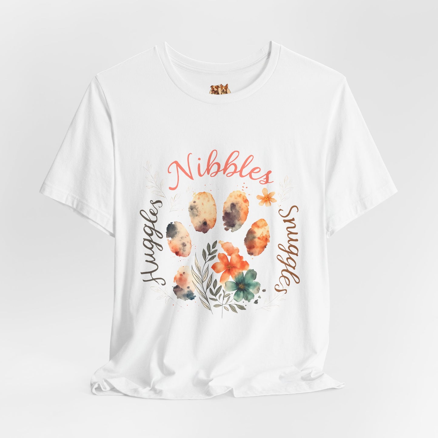 Huggles Nibbles Snuggles Watercolor Pawprint Floral Ladies Tee – Artistic Pet Mom Gift