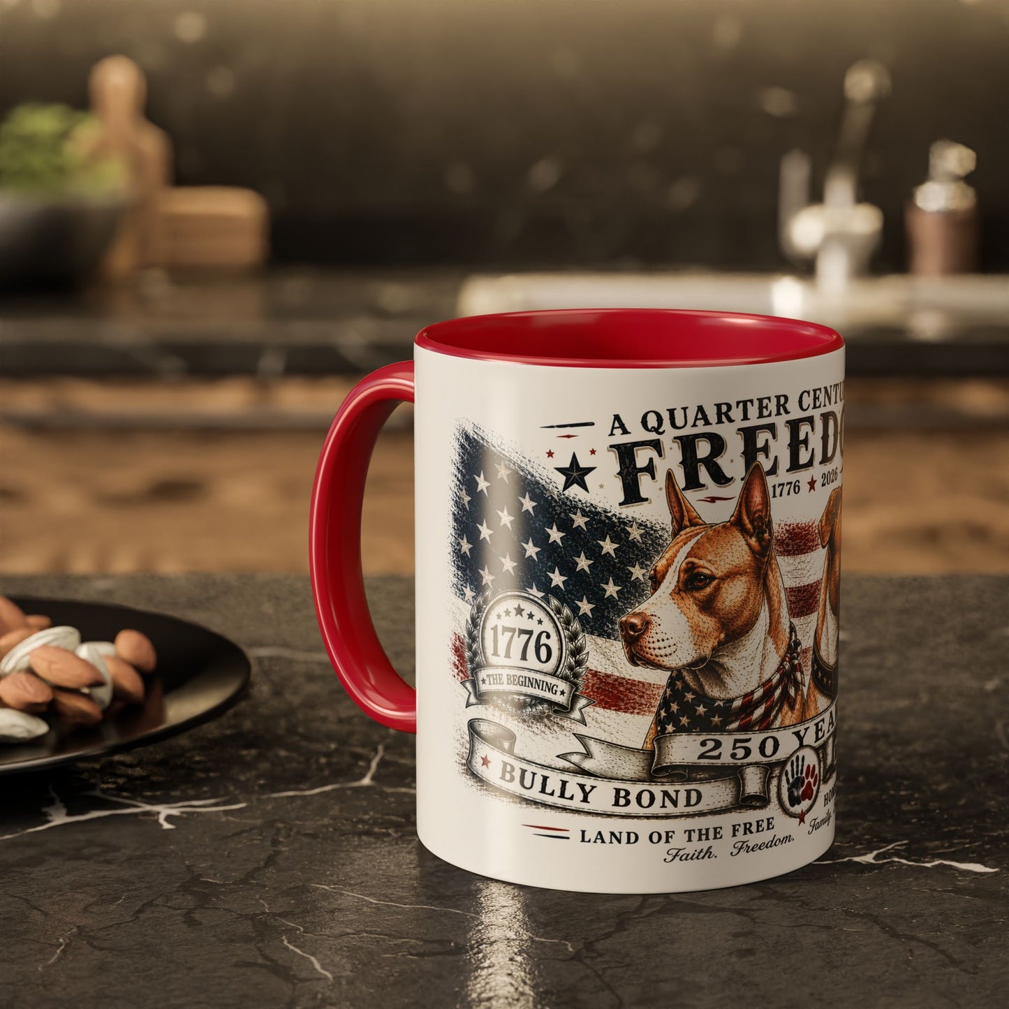 Bully Bond 250 Years of Freedom Patriotic Pitbull Mug | American Independence Day Dog Lover Coffee Cup | USA Heritage Powerbreed Gift