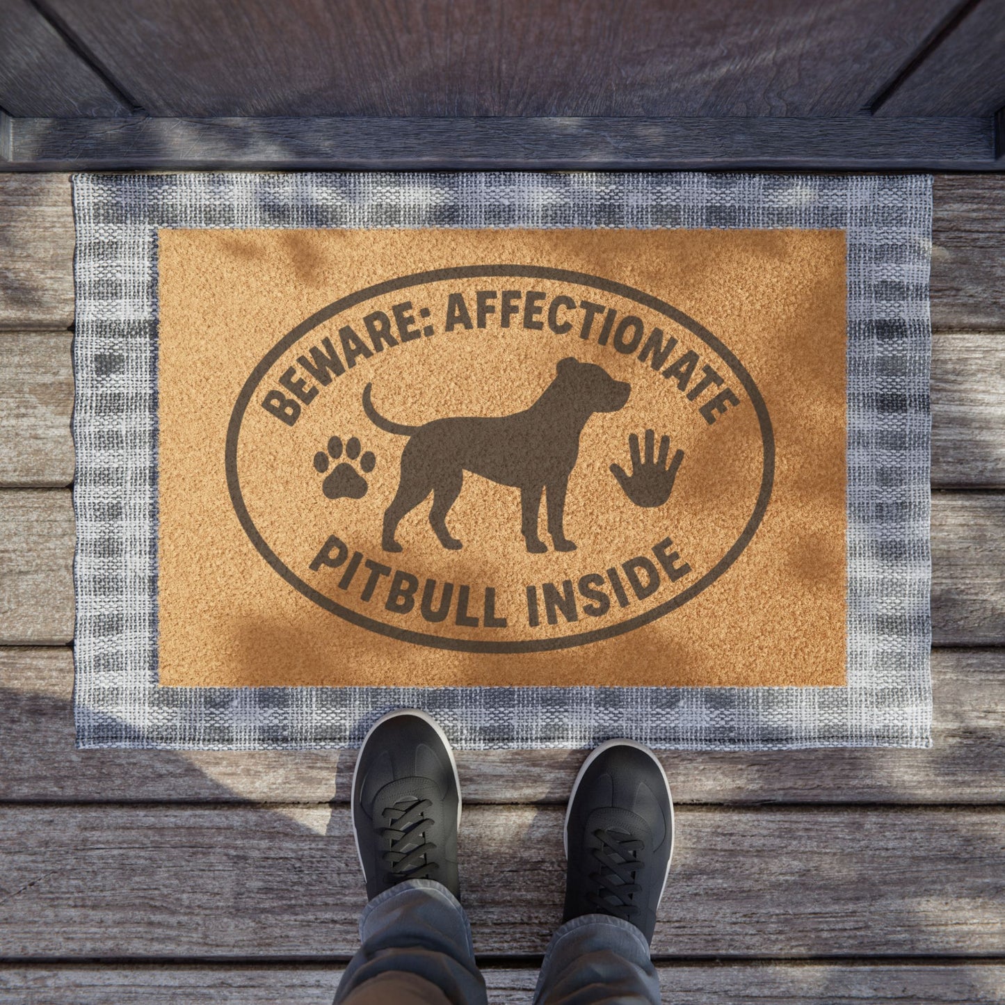 “Beware: Affectionate Pitbull Inside” Badge Doormat – Bonded Hand & Paw Edition