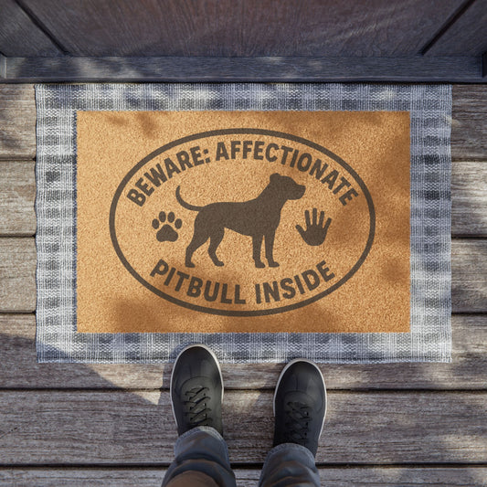 “Beware: Affectionate Pitbull Inside” Badge Doormat – Bonded Hand & Paw Edition