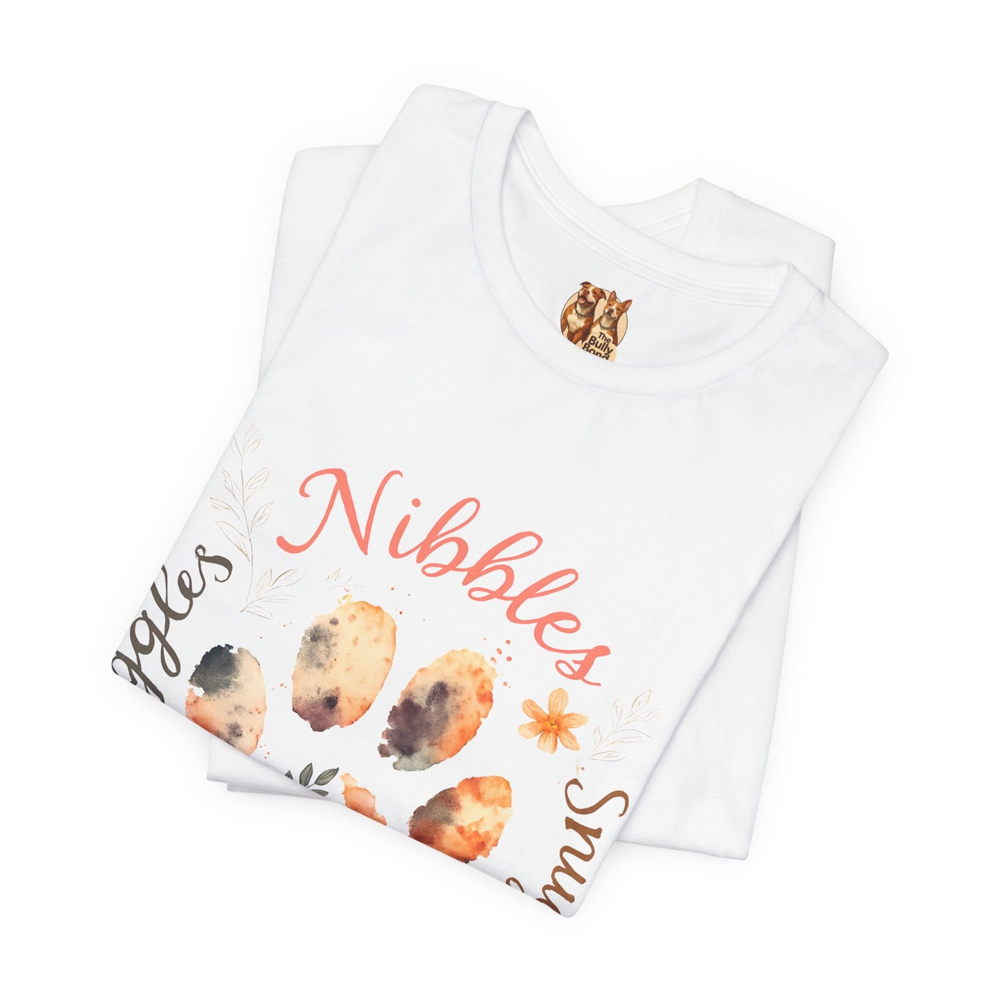 Huggles Nibbles Snuggles Watercolor Pawprint Floral Ladies Tee – Artistic Pet Mom Gift