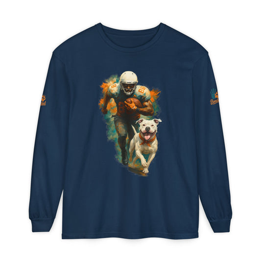 Football Player & Dog Long Sleeve Tee — ‘Rescue’ Paw Print Back Design