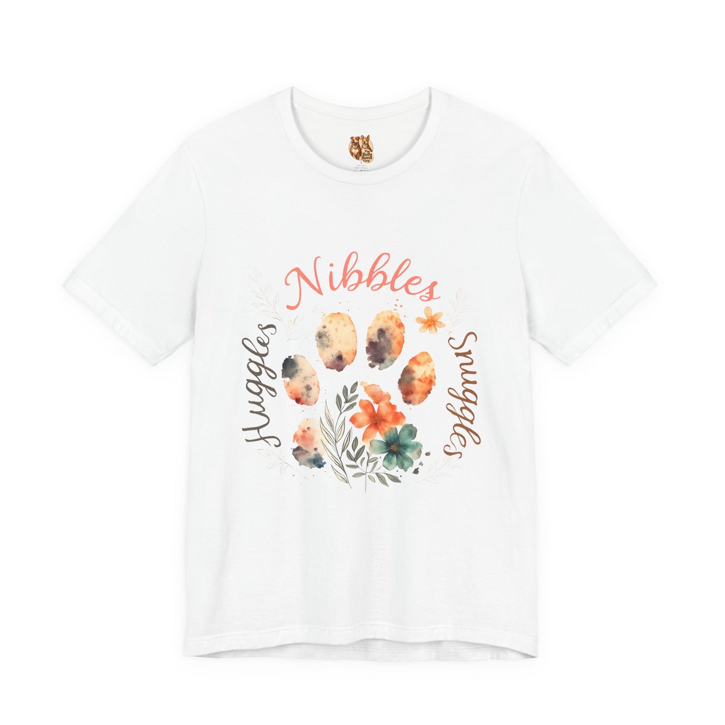 Huggles Nibbles Snuggles Watercolor Pawprint Floral Ladies Tee – Artistic Pet Mom Gift