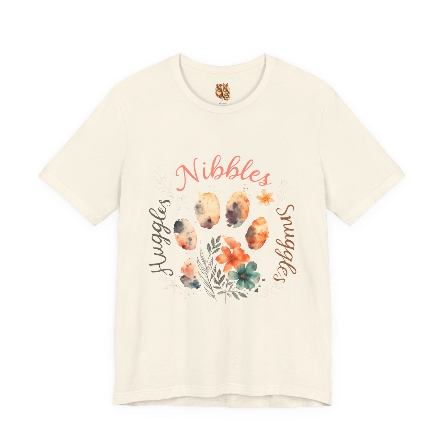 Huggles Nibbles Snuggles Watercolor Pawprint Floral Ladies Tee – Artistic Pet Mom Gift