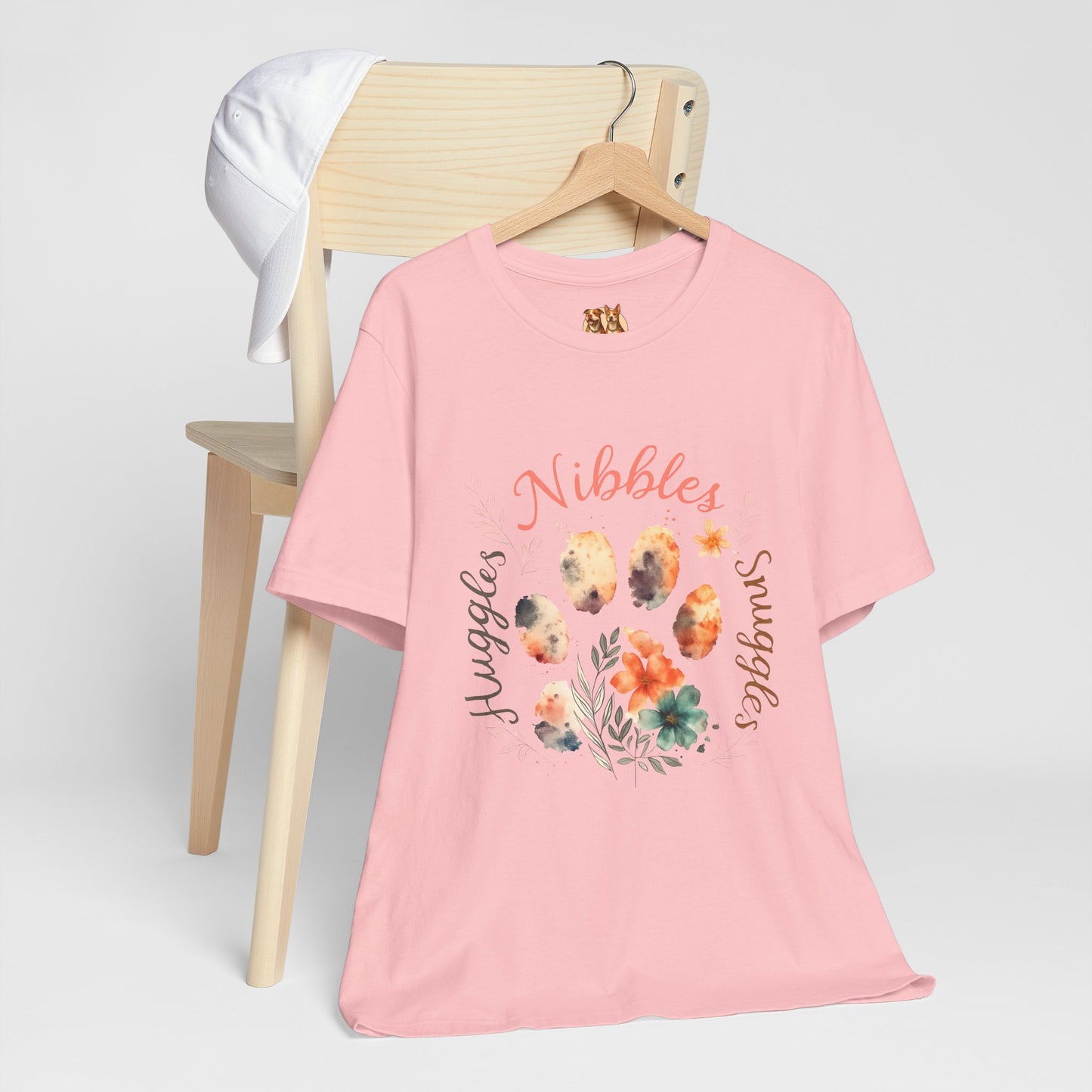 Huggles Nibbles Snuggles Watercolor Pawprint Floral Ladies Tee – Artistic Pet Mom Gift