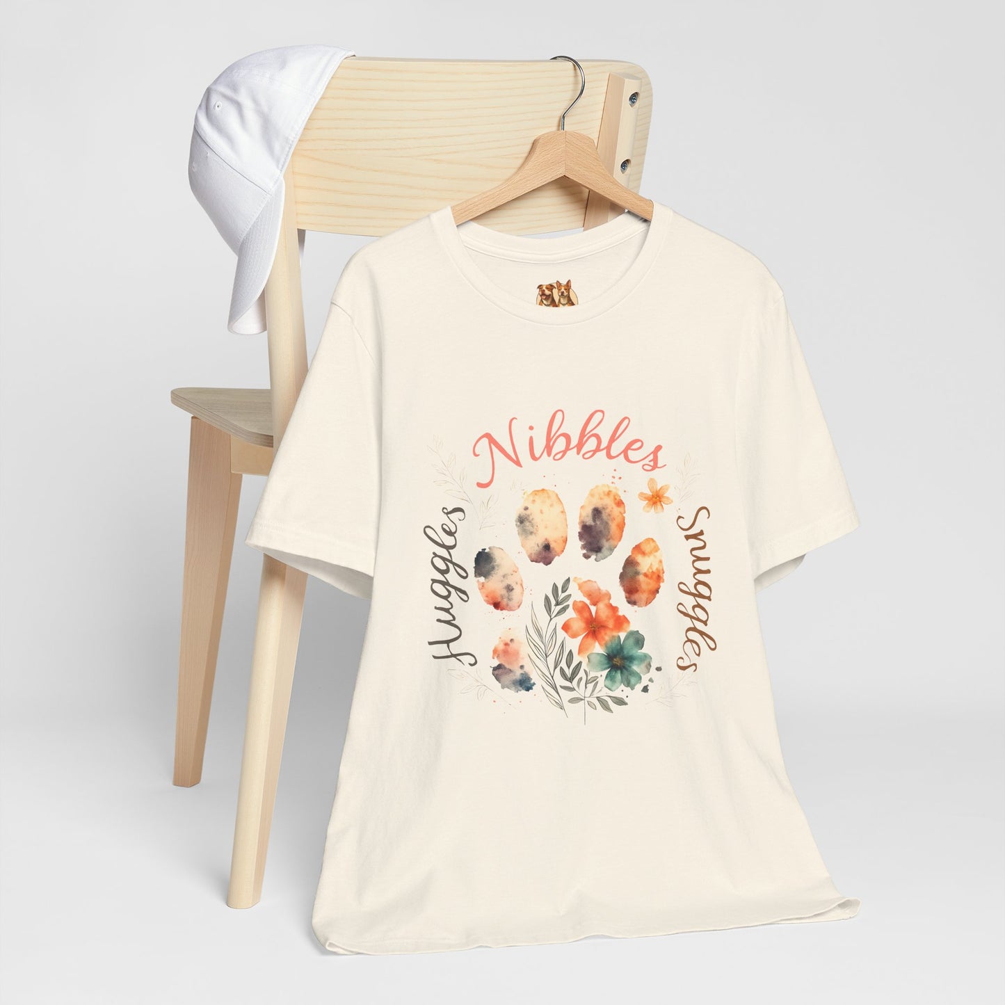 Huggles Nibbles Snuggles Watercolor Pawprint Floral Ladies Tee – Artistic Pet Mom Gift