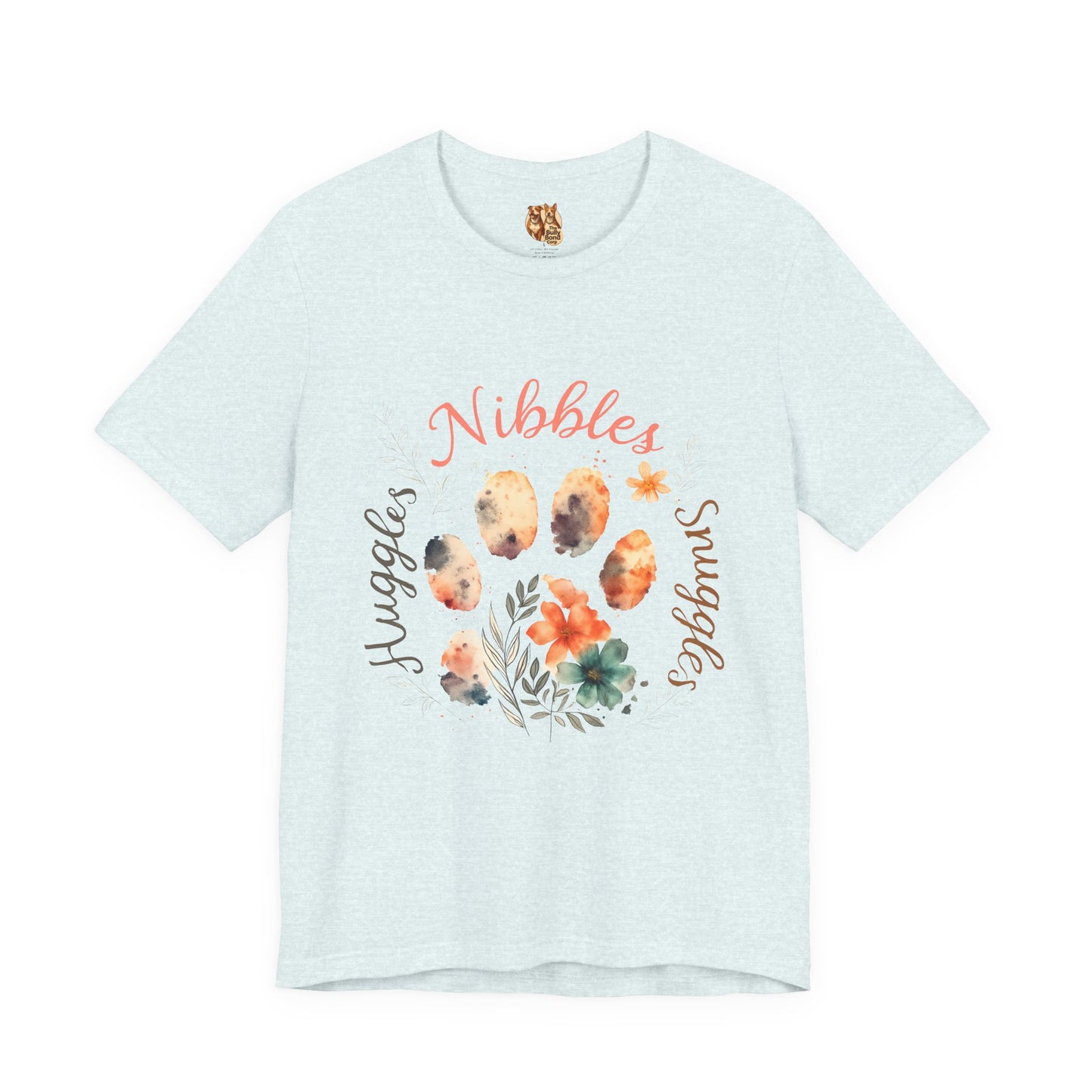 Huggles Nibbles Snuggles Watercolor Pawprint Floral Ladies Tee – Artistic Pet Mom Gift